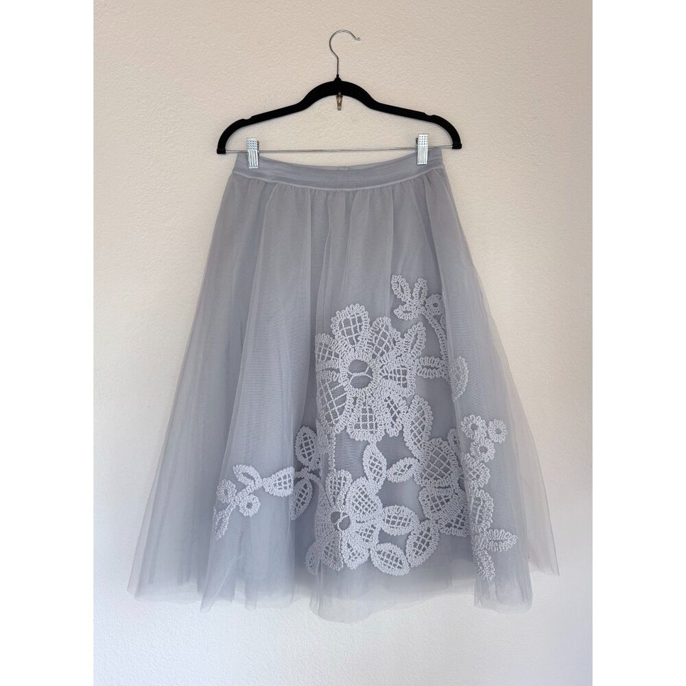 NWT Anthropologie Maeve Fleurs Du Nuit Embroidered Tulle Midi Skirt in Silver M - Picture 4 of 11